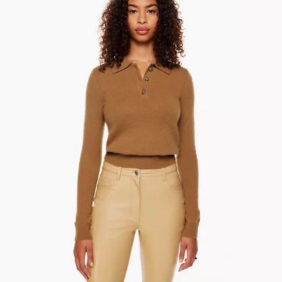 Aritzia 100% Cashmere Brown Polo Sweater Womens Size Medium Chestnut Knit Boho M - Picture 2 of 16